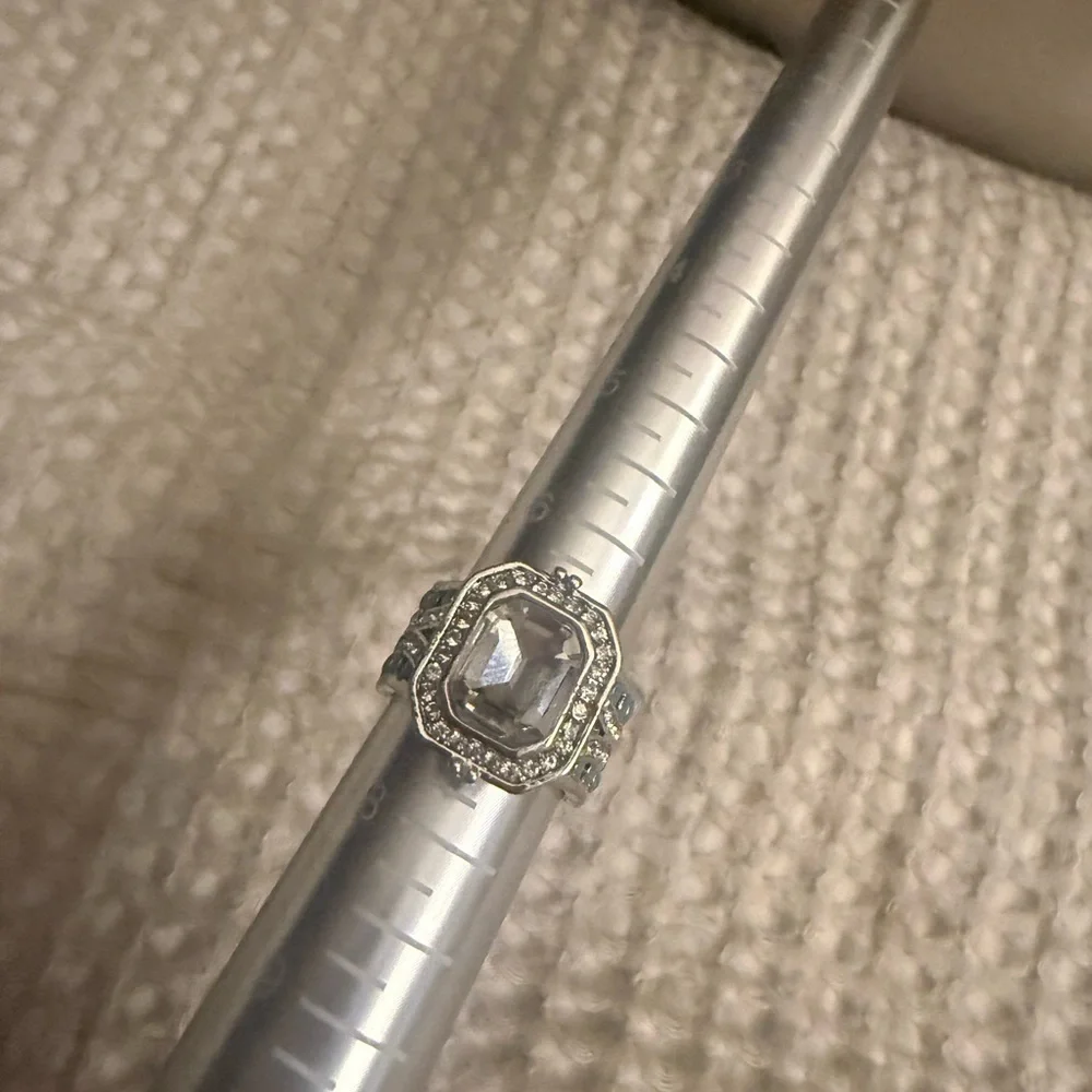 Silver Tone Square Halo Ring Size7 Clear & Teal Stones